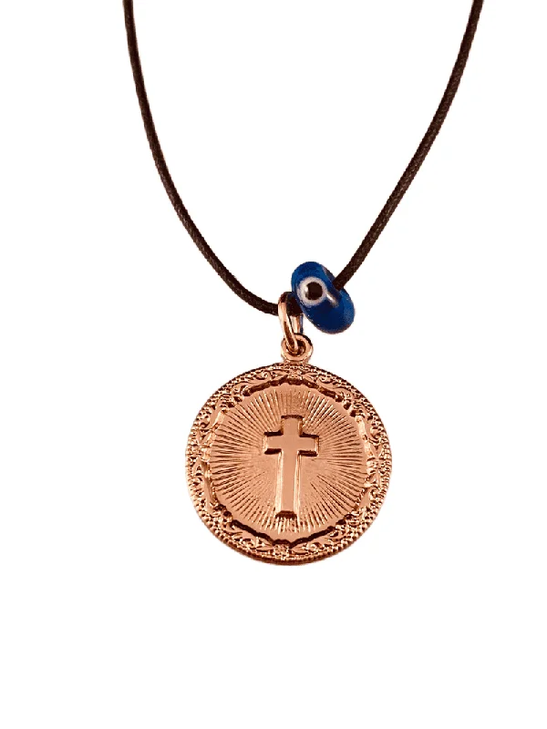 handmade necklaces for women -Rose Gold Miraculous Cross Medal on Black Cord with Evil Eye Necklace