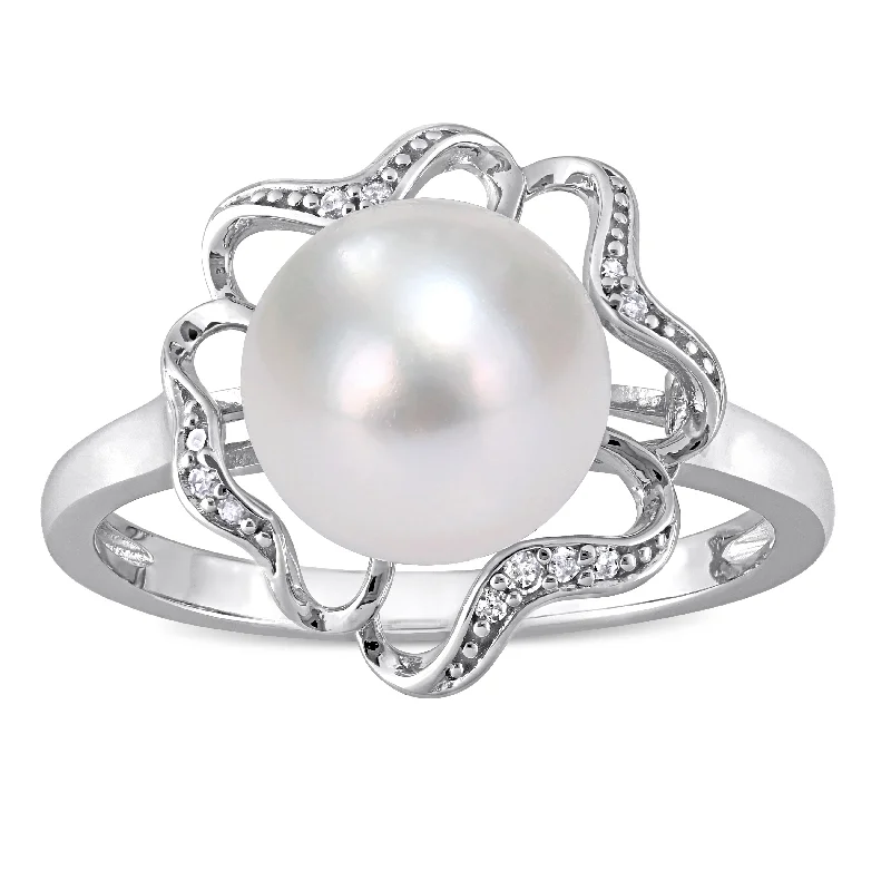 vintage rings for women -Miadora Sterling Silver Cultured Freshwater Pearl and Diamond Accent Floral Cocktail Ring (9-9.5 mm)