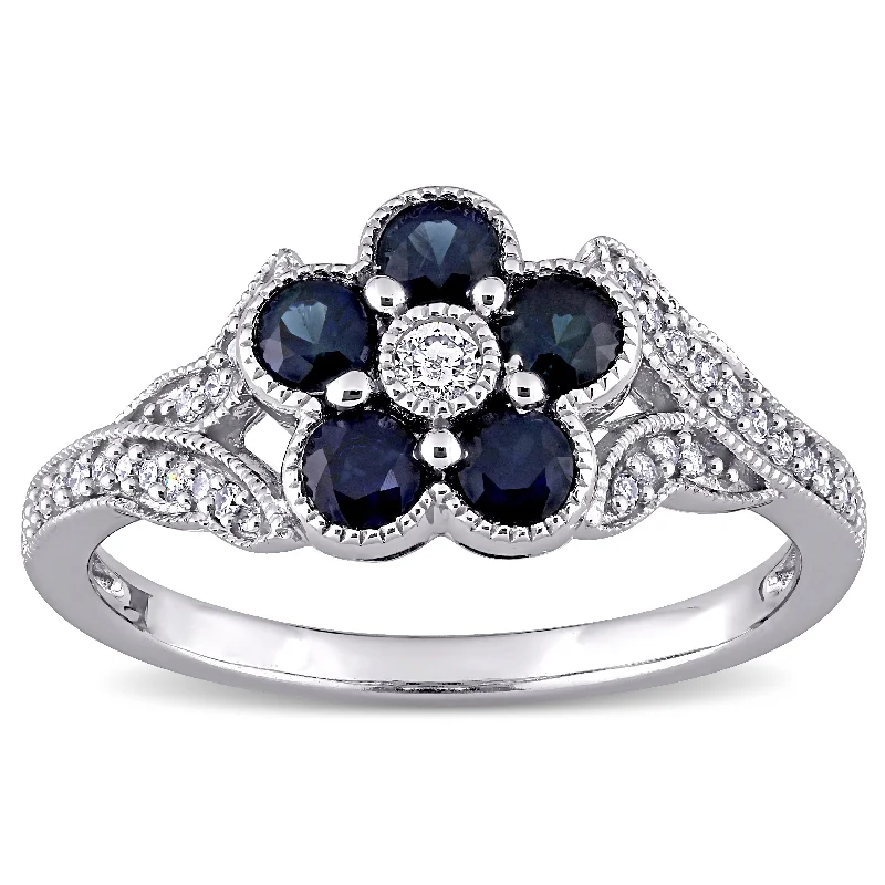 engagement rings for women -Flower Blue Sapphire and 1/6ct TDW Diamond Split Shank Ring in 10k White Gold by Miadora