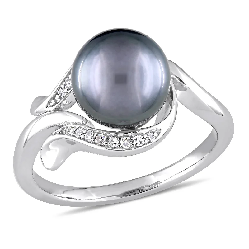 eternity diamond rings for women -Miadora 8.5-9mm Black Tahitian Pearl and Diamond Accent Ring in 14k White Gold