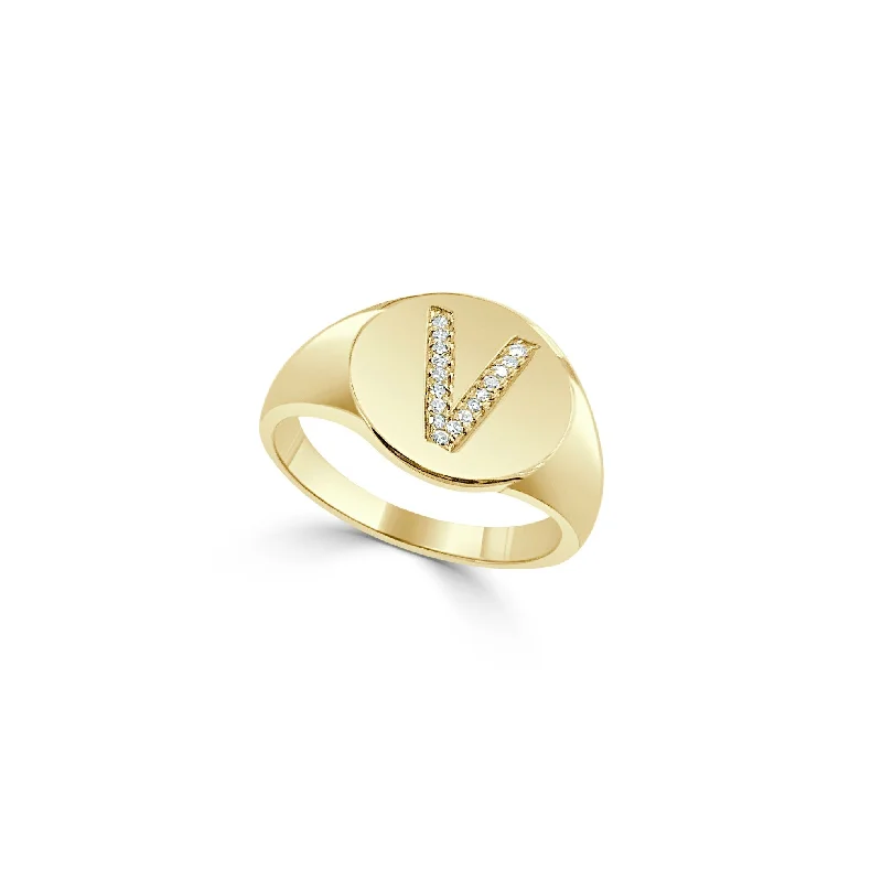 halo engagement rings -Joelle Signet Ring 14k Yellow Gold Diamond Initial V 1/10 ct. TDW