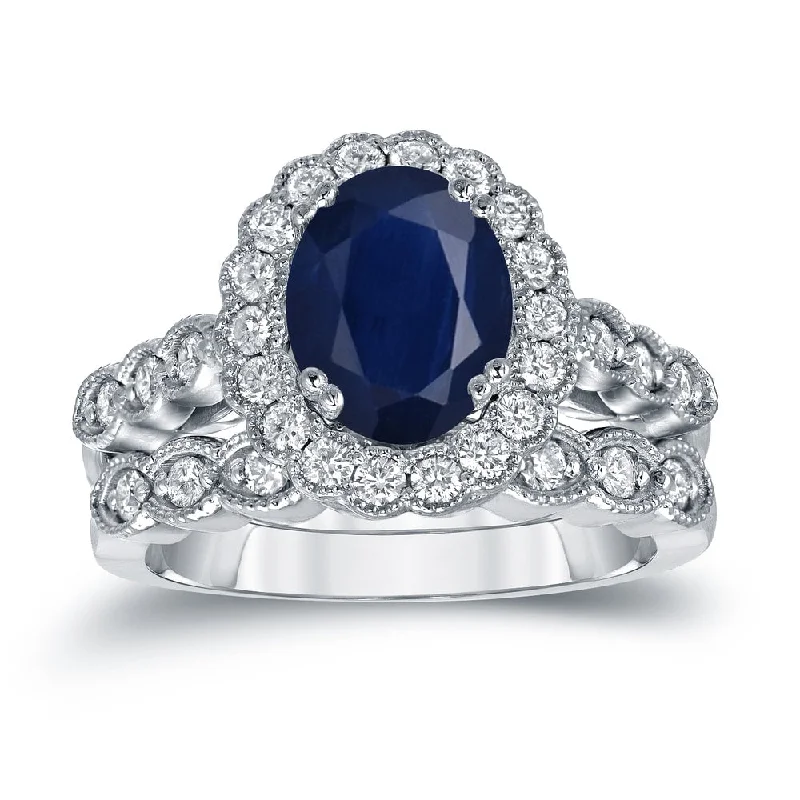 fashion engagement rings -Auriya 14k Gold 2 1/2ct Oval Cut Blue Sapphire and 3/5ct TDW Diamond Brial Ring Set (H-I, SI1-SI2)