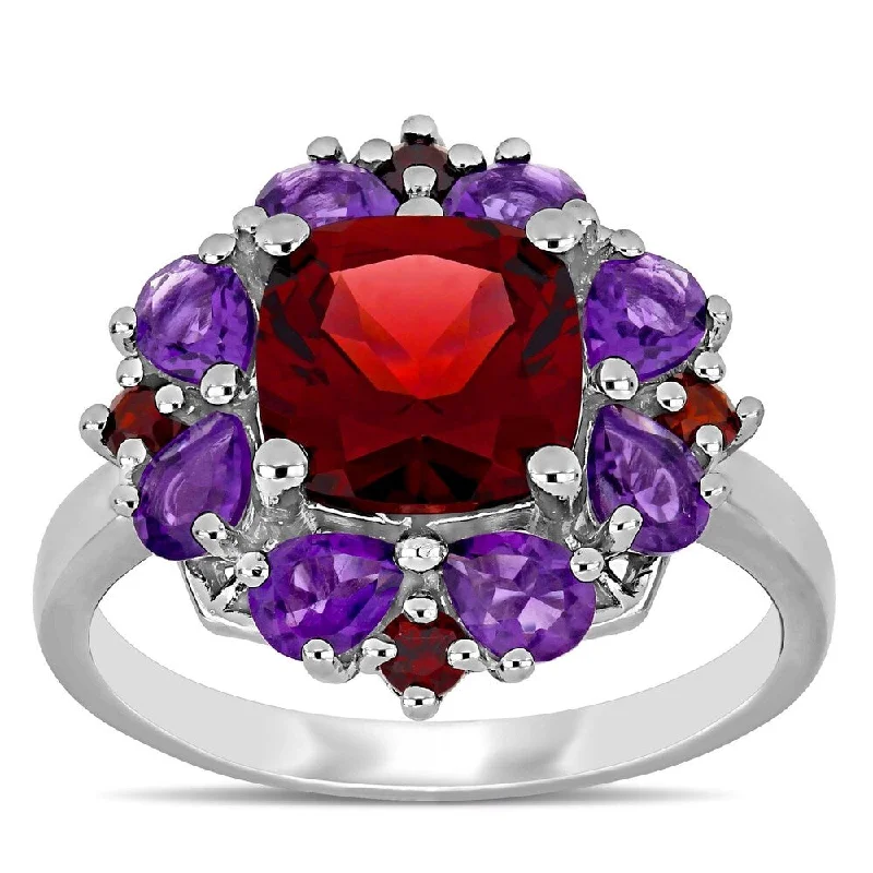 wedding rings for women -Miadora Sterling Silver Garnet and African-Amethyst Floral Cluster Ring