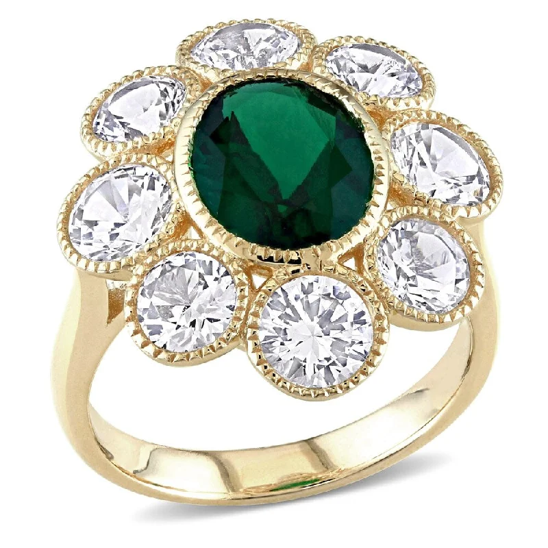 fashion rings for women -Miadora 10k Yellow Gold Created Emerald and White Sapphire Flower Cocktail Ring