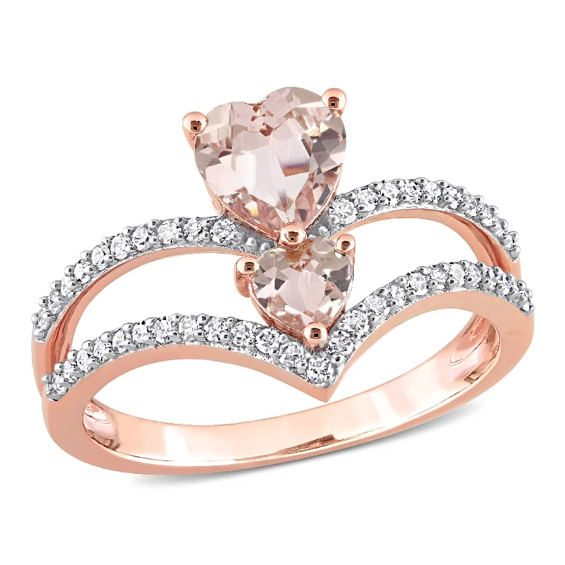 luxury rings for women -Miadora 7/8ct TGW Heart Shape Morganite and 1/4ct Diamond 2-Stone Open Ring in 10k Rose Gold