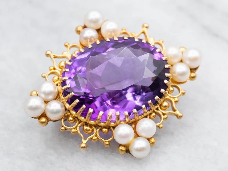 diamond flower brooches -Vintage East to West Amethyst and Pearl Brooch