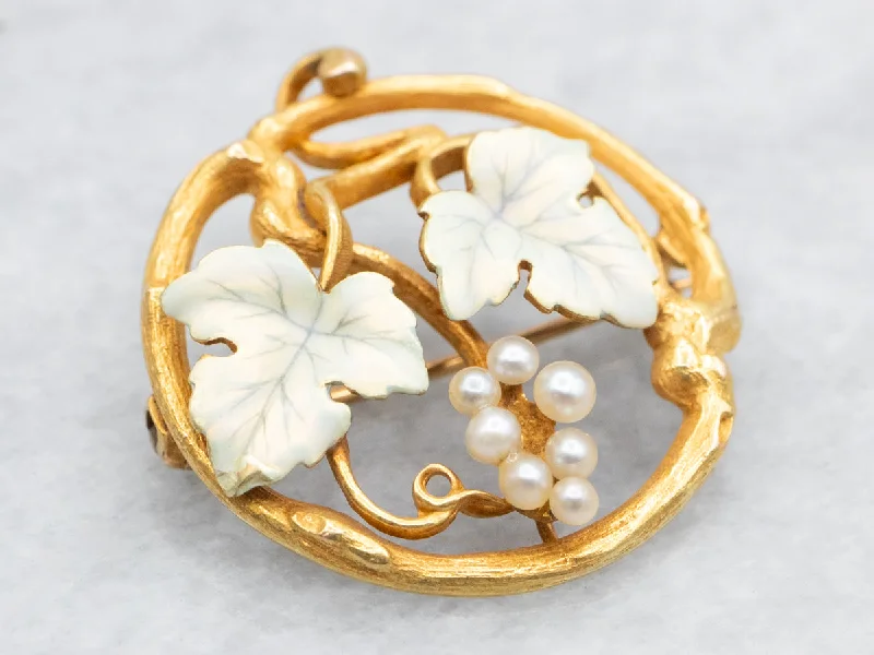 romantic brooches for women -Vintage Seed Pearl and Enamel Leaf Brooch