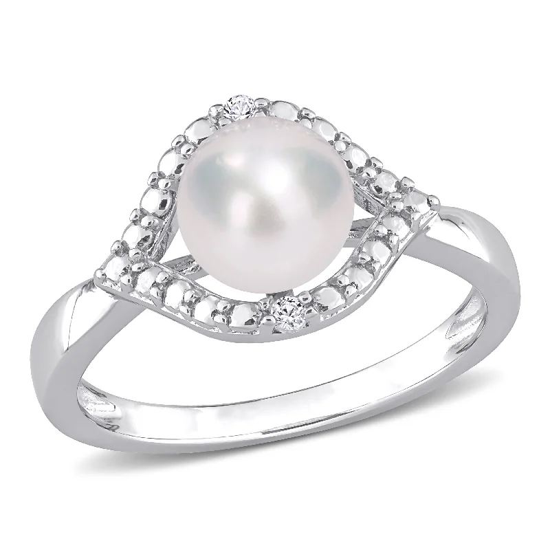 luxury rings for women -Miadora Sterling Silver Cultured Freshwater Pearl & Created White Sapphire Halo Ring (7-7.5mm)