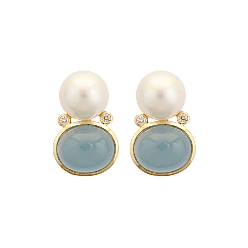 pearl drop earrings for women -Earrings-Aquamarine, South Sea Pearl and Diamond