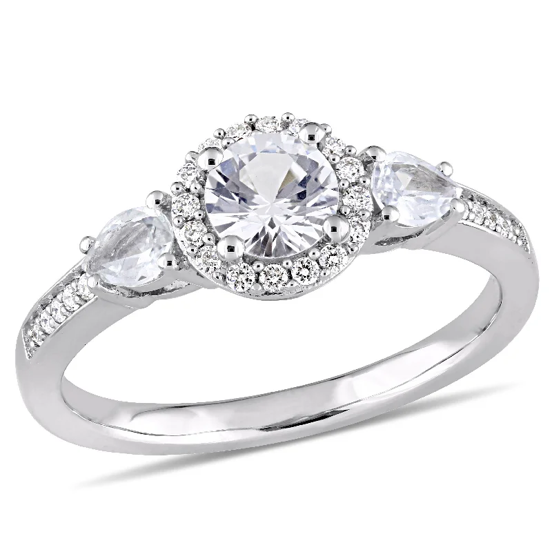 art deco rings for women -Miadora 1ct TGW White Sapphire 3-Stone Ring with 1/8ct TW Diamond Halo in 14k White Gold