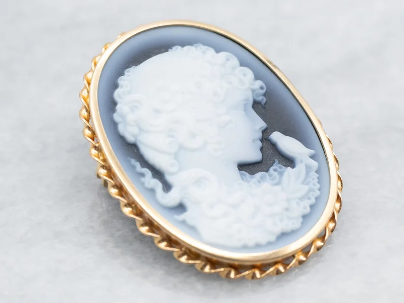 gold brooches for women -Yellow Gold Onyx Lady and Bird Cameo Brooch or Pendant with Twisted Frame