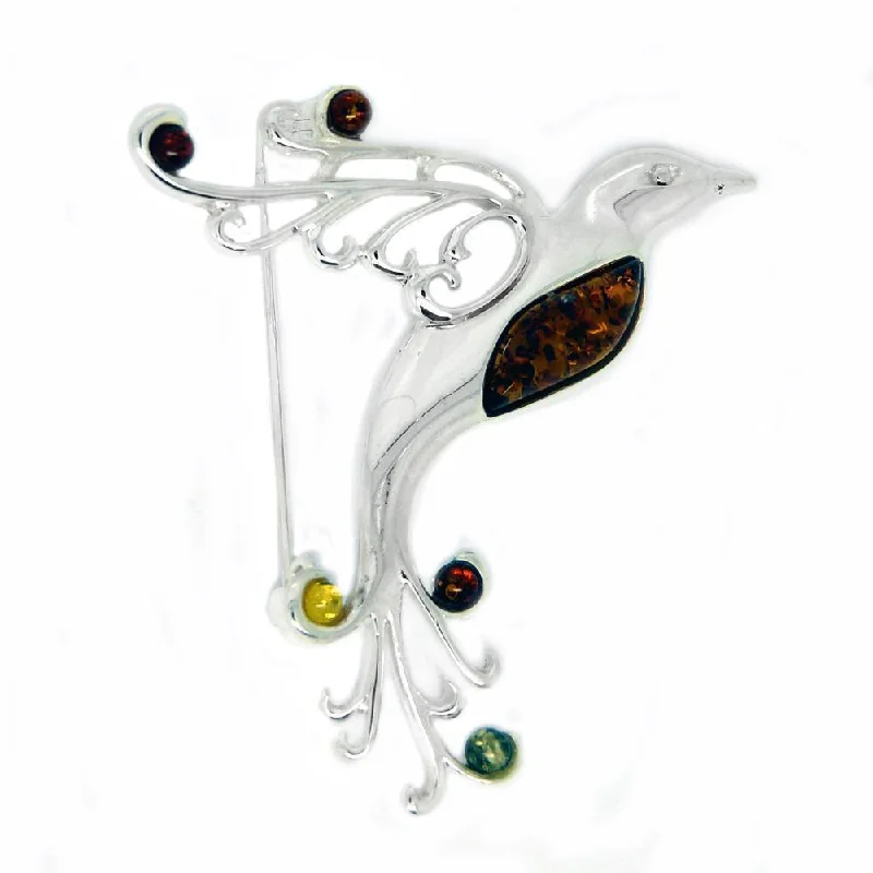 flower brooches for women -Silver & Amber Bird Brooch - Goldmajor