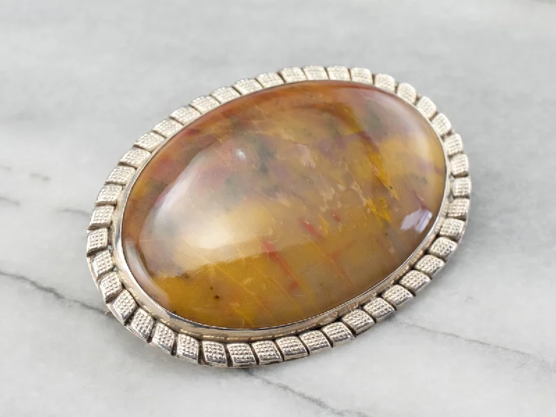 trendy brooches for women -Large Yellow Jasper Sterling Silver Statement Brooch