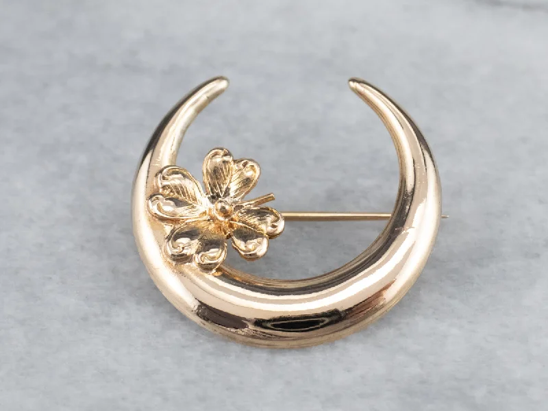 brooches with pearls for women -Art Nouveau Crescent Clover Moon Brooch