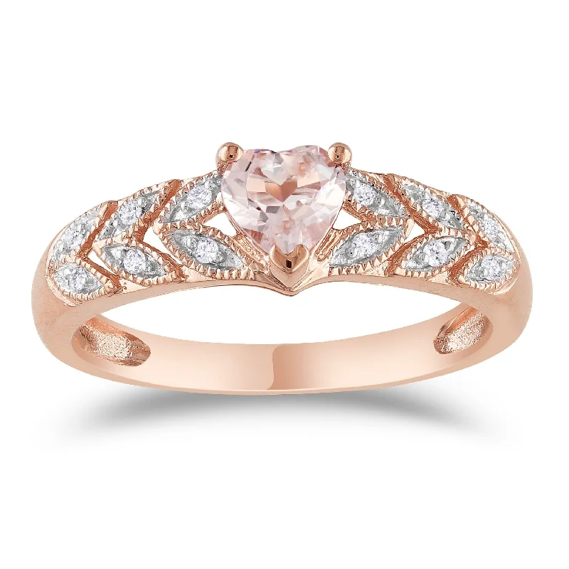 classic rings for women -Miadora 10k Rose Gold Heart-cut Morganite and Diamond Accent Leaf Set Anniversary Ring