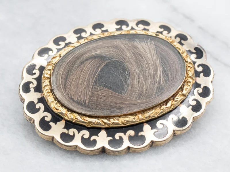 elegant pin brooches -Victorian Era Mourning Brooch with Black Enamel and Woven Hair