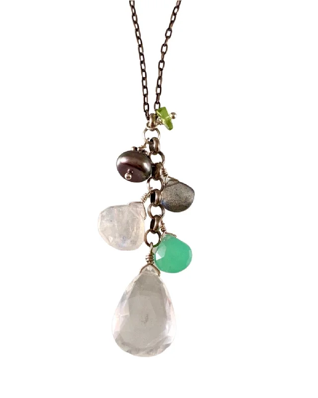 18 Blackened Chain: Peridot, Pearl, Moonstone, Green Chalcedony, Labradorite