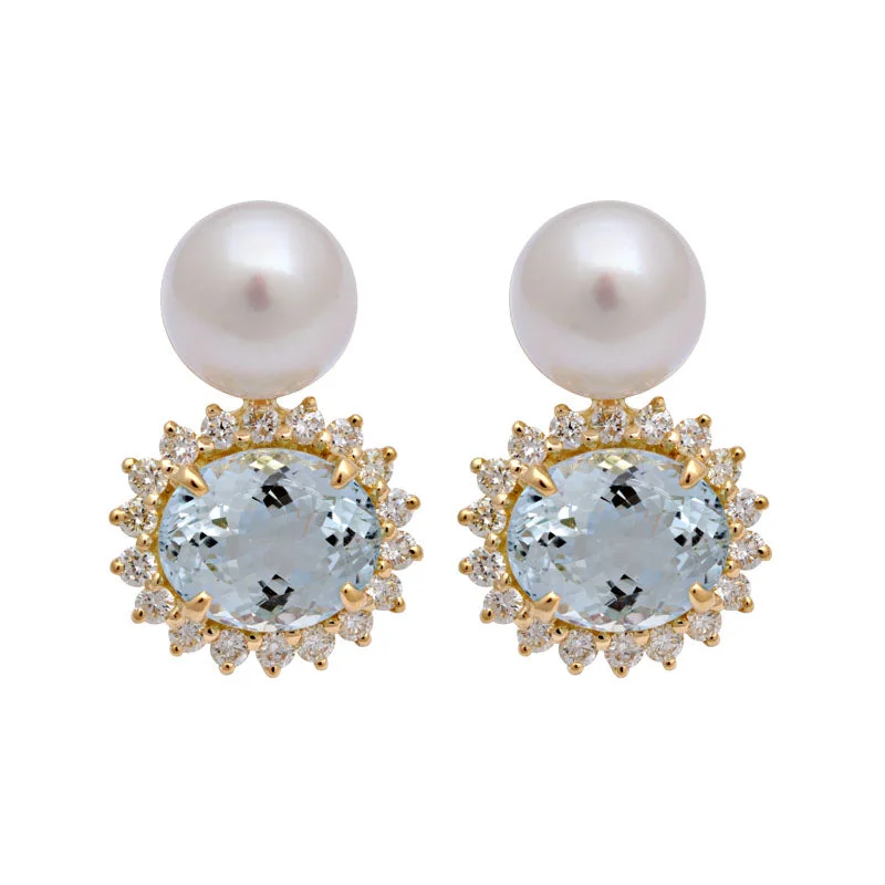 luxury earrings for women -Earrings-Aquamarine, South Sea Pearl and Diamond