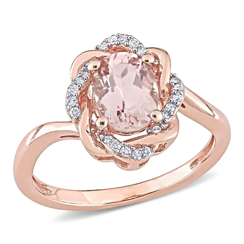 wedding rings for women -Miadora 10k Rose Gold Oval-cut Morganite & 1/10ct TDW Diamond Swirl Halo Ring