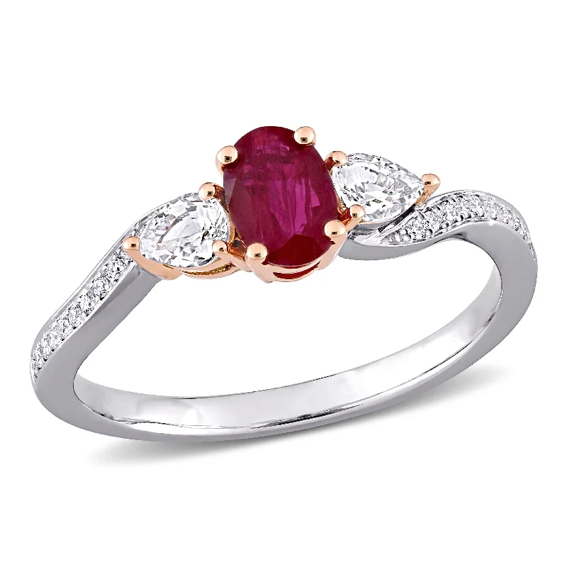 stackable rings for women -Miadora 7/8ct TGW Oval Shape Ruby and Diamond Accent 3-stone Ring in Two-Tone 14k White & Rose Gold