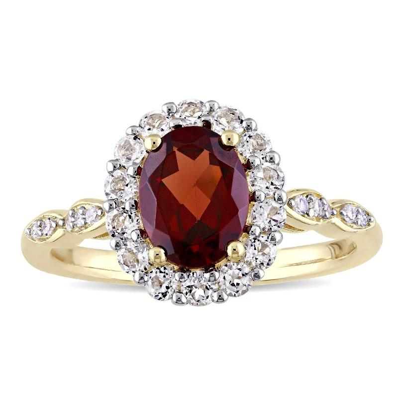 solitaire rings for women -Miadora 14k Yellow Gold Garnet, White Topaz and Diamond Accent Vintage Halo Ring - Red