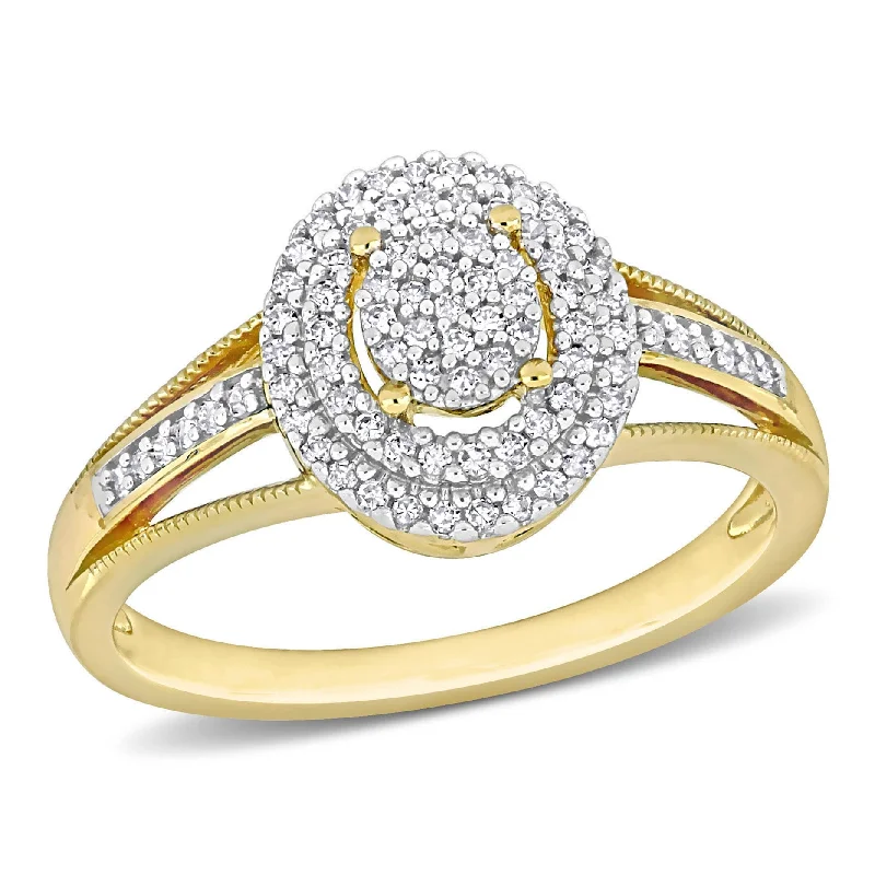 custom engraved rings -Miadora 1/4ct TDW Diamond Double Halo Oval Cluster Split Shank Ring in 10k Yellow Gold