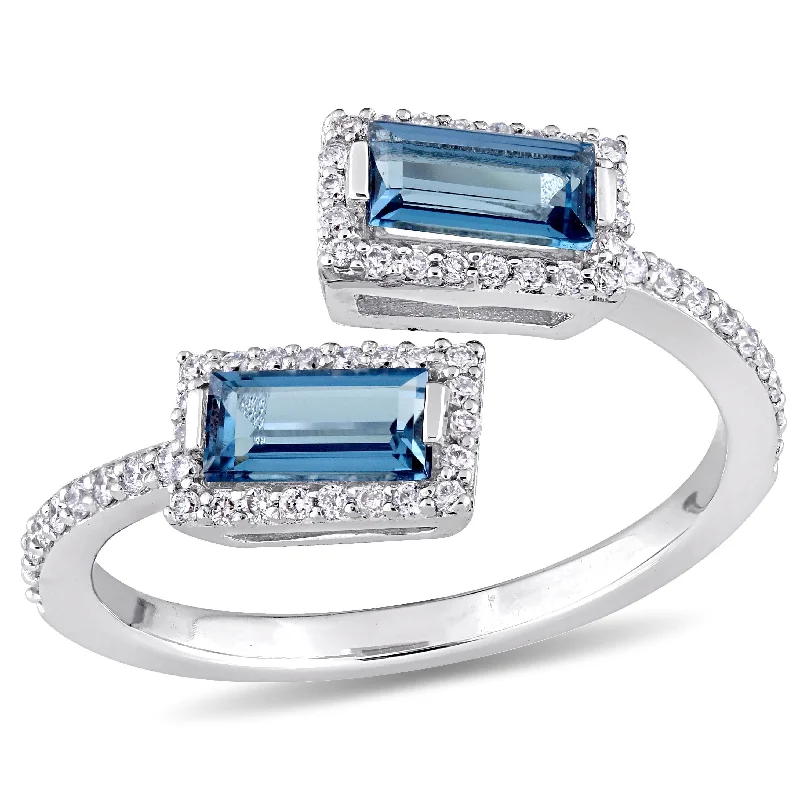 vintage rings for women -Miadora 7/8ct TGW London Blue Topaz and 1/4ct TW Diamond Halo Bypass Ring 14k White Gold