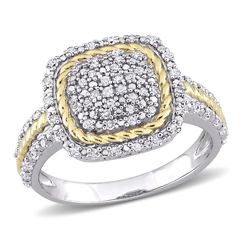 statement rings for women -Miadora 2-Tone White and Yellow Plated Sterling Silver 1/3ct TDW Diamond Cluster Halo Square Ring