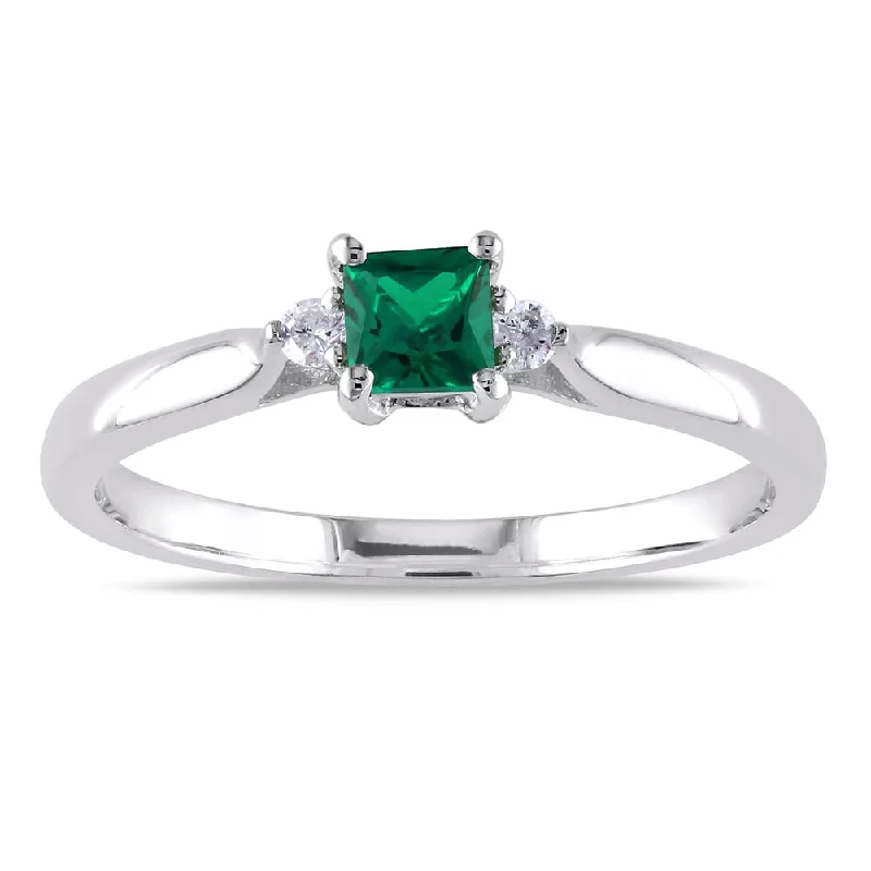 personalized rings for women -Miadora Sterling Silver Created Emerald and Diamond 3-Stone Ring