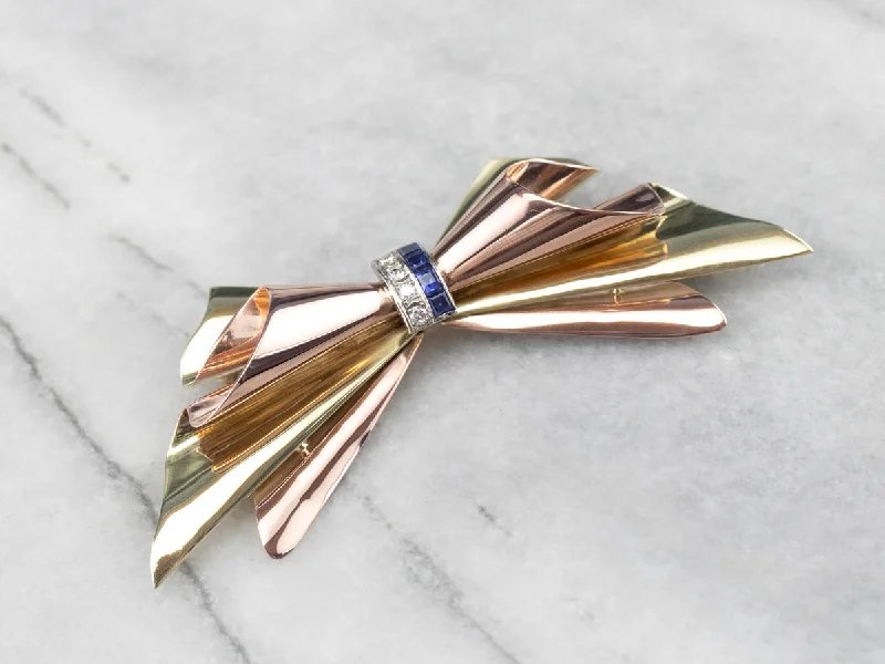 enamel brooches for women -Sapphire Diamond Two Tone Gold Bow Brooch