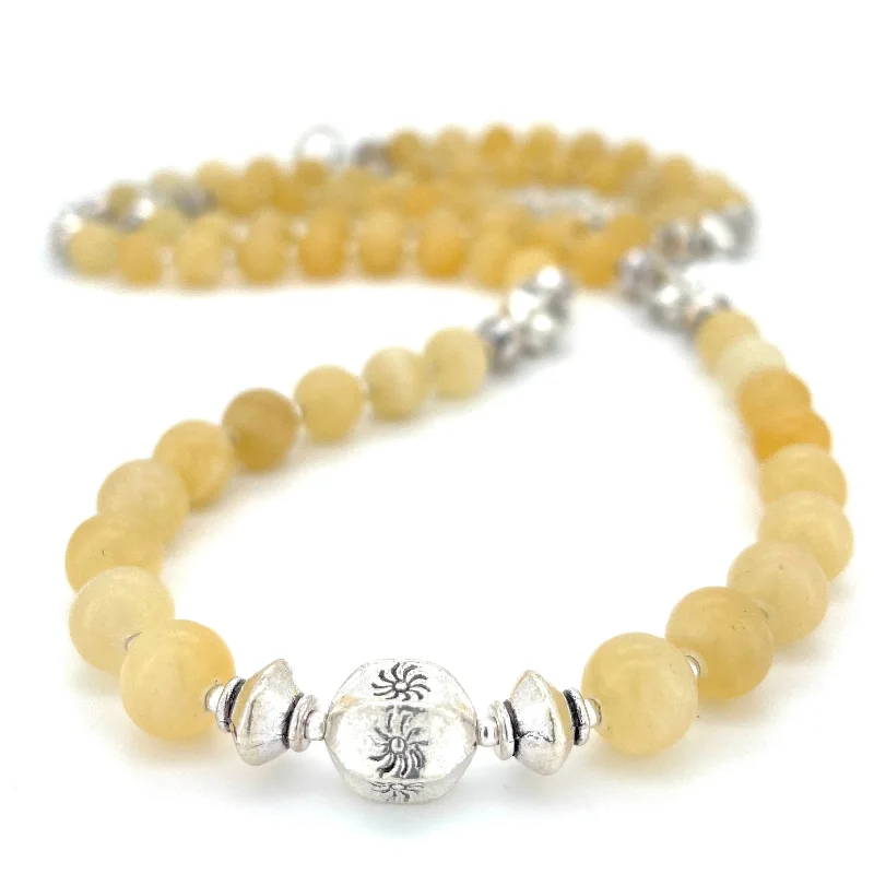 short necklaces for women -LONG Yellow Jade & Silver BEADED NECKLACE