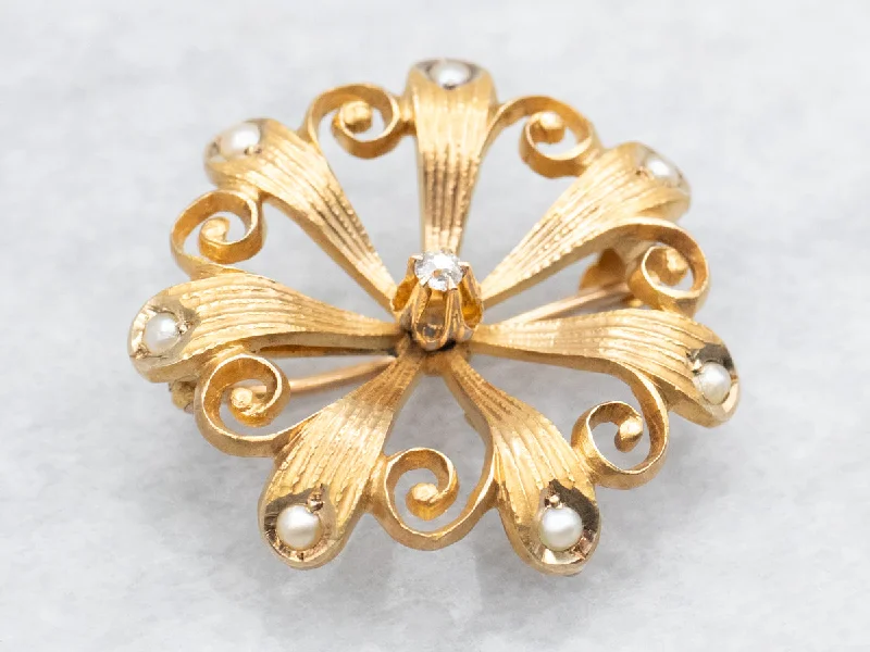 custom flower brooches -Victorian Old Mine Cut Diamond and Seed Pearl Brooch