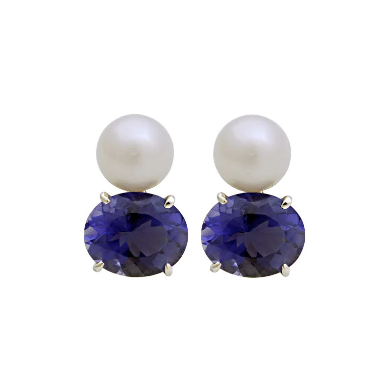 clip-on earrings for women -Earrings-Iolite and South Sea Pearl