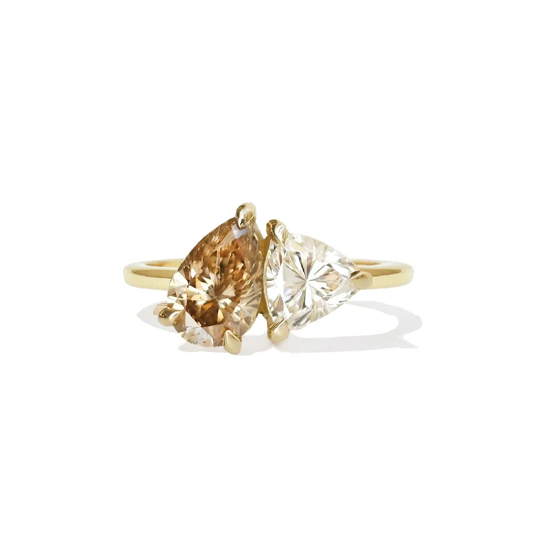 chunky rings for women -Champagne Pear & Trillion Diamond Toi et Moi Ring