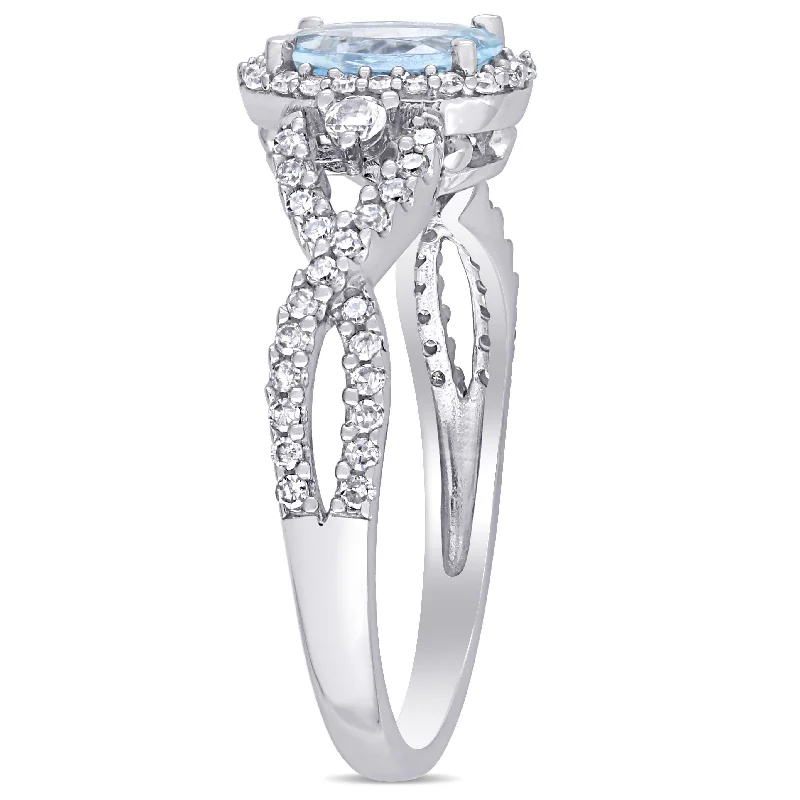 custom rings for women -Miadora 5/8ct TGW Aquamarine White Sapphire and 1/3ct TW Diamond Halo Ring in 10k White Gold