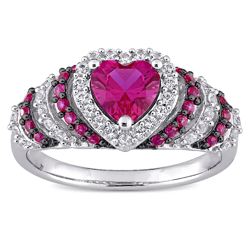 wedding bands for women -Miadora Sterling Silver Heart Created Ruby and Created White Sapphire Halo Layered Cocktail Ring