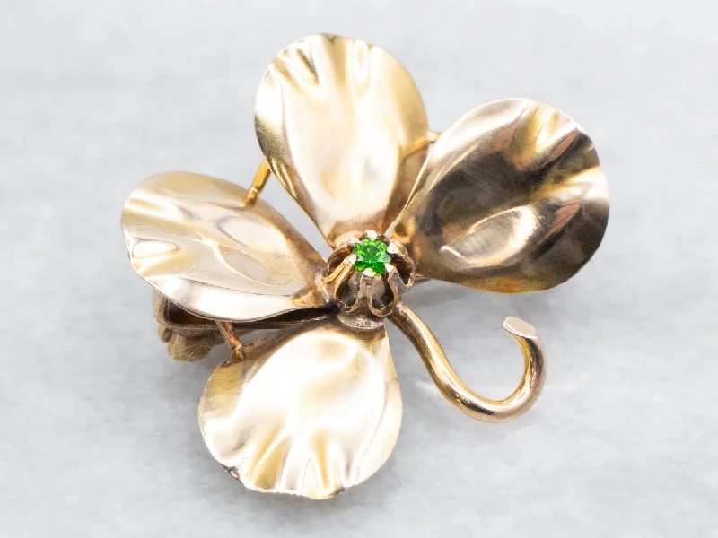 vintage brooches for women -Antique Four Leaf Clover Green Garnet Brooch