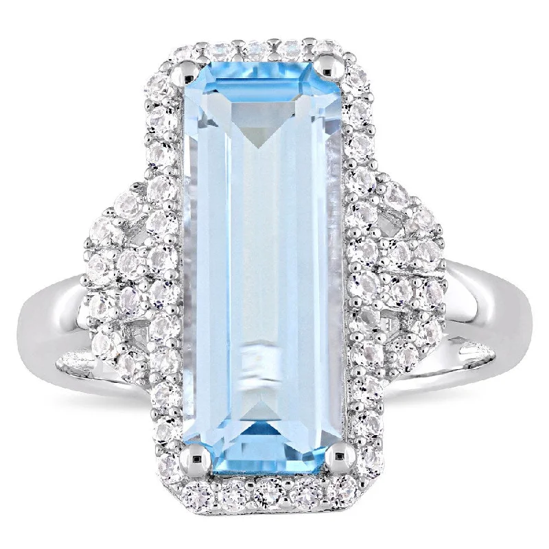 gold plated rings for women -Miadora Sterling Silver Octagon-Cut Sky-Blue Topaz and Round-Cut White Topaz Halo Cocktail Ring - Blue