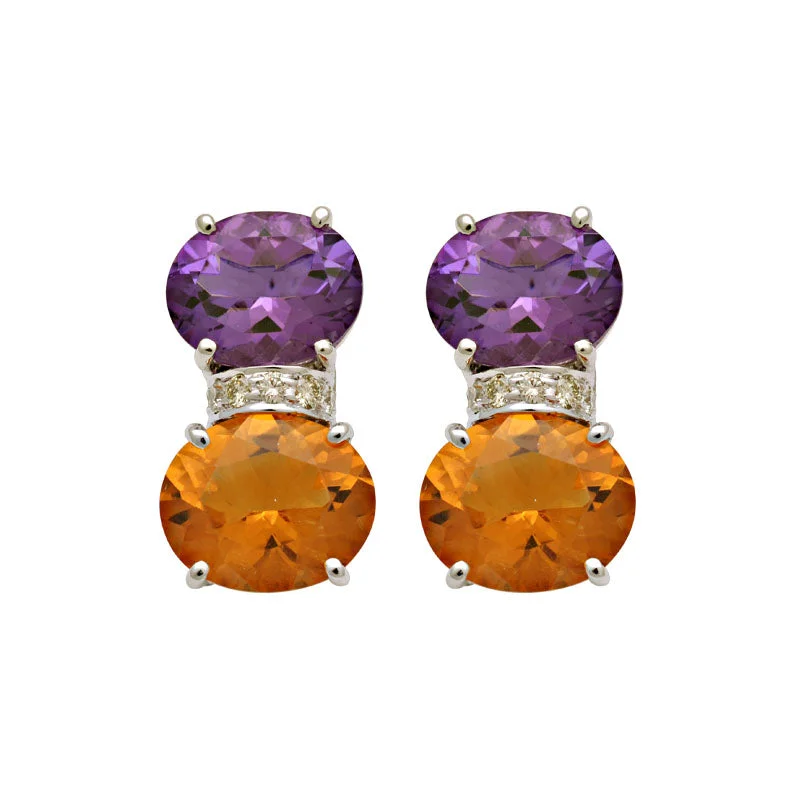 elegant dangle earrings -Earrings-Amethyst, Citrine and Diamond