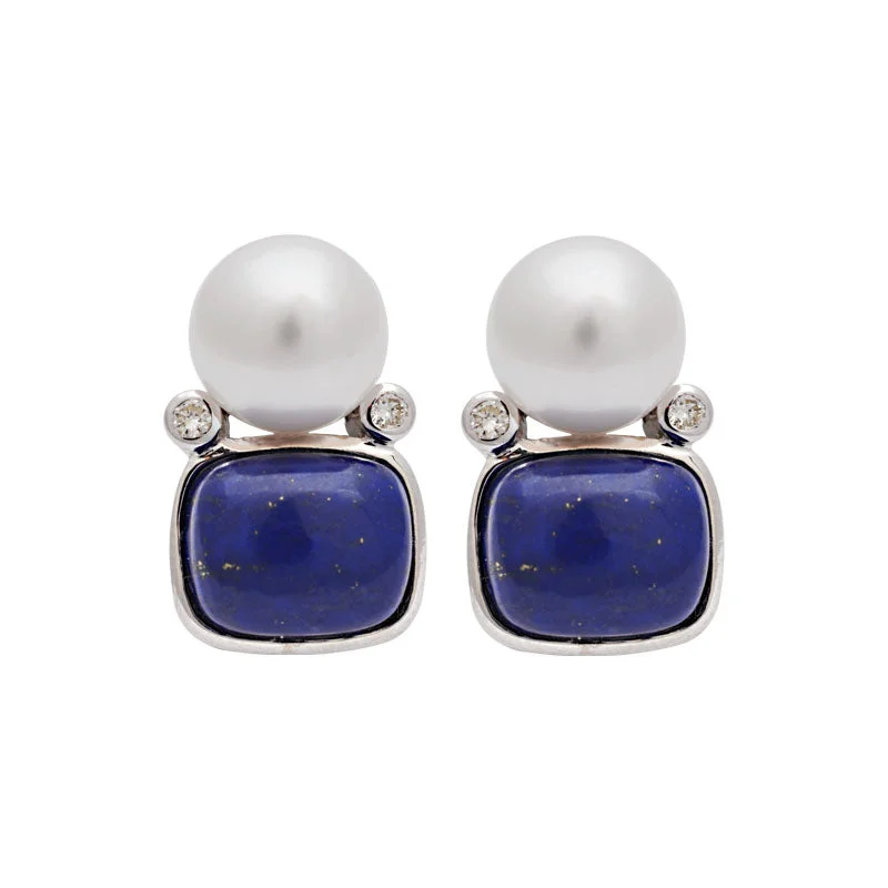 antique earrings for women -Earrings-Lapis Lazuli, South Sea Pearl and Diamond