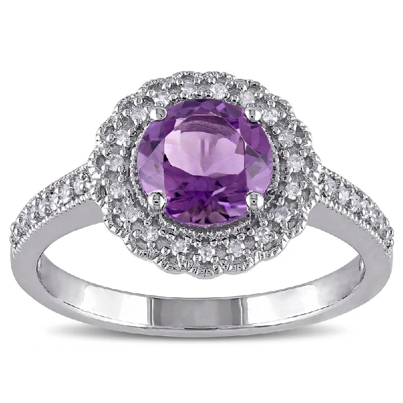 classic rings for women -Miadora Sterling Silver Amethyst and 1/6ct TDW Diamond Halo Ring (G-HI, I2-I3) - Purple