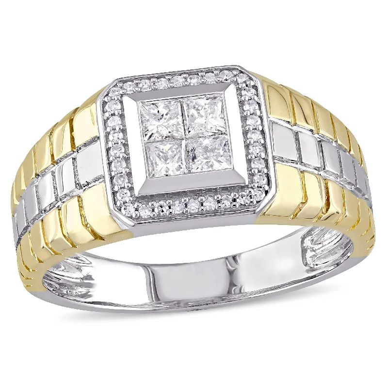 wedding bands with diamonds -Miadora 1/2ct TDW Princess Cut Quad and Round Diamond Mens Ring in Two-Tone 10k Gold