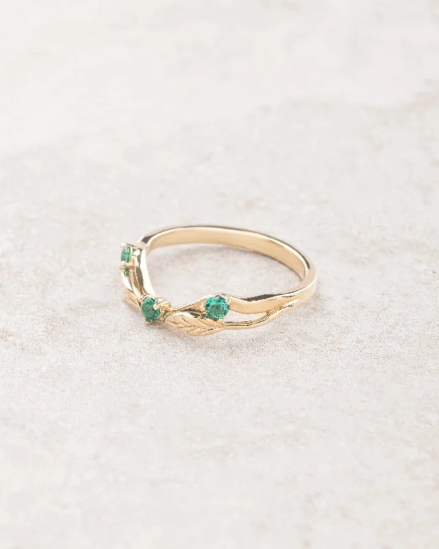 READY TO SHIP: Wedding band in 14K yellow gold, lab grown emeralds, RING SIZE 5.5 - 8.5 US