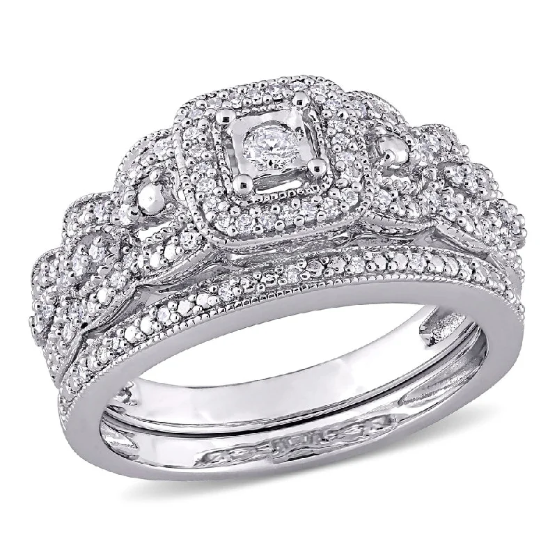 classic rings for women -Miadora Sterling Silver 1/3ct TDW Diamond Vintage Halo Wedding Ring Set