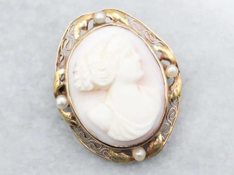 elegant vintage brooches -Antique Pink Shell Cameo Seed Pearl Brooch or Pendant