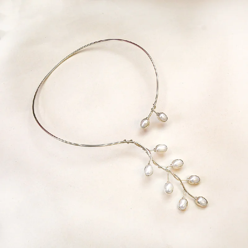 bridal choker necklaces -Silver Pearl Collar Necklace