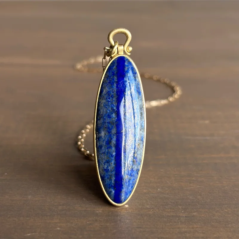 trendy long necklaces for women -Large Oval Pin Stripe Lapis Pendant