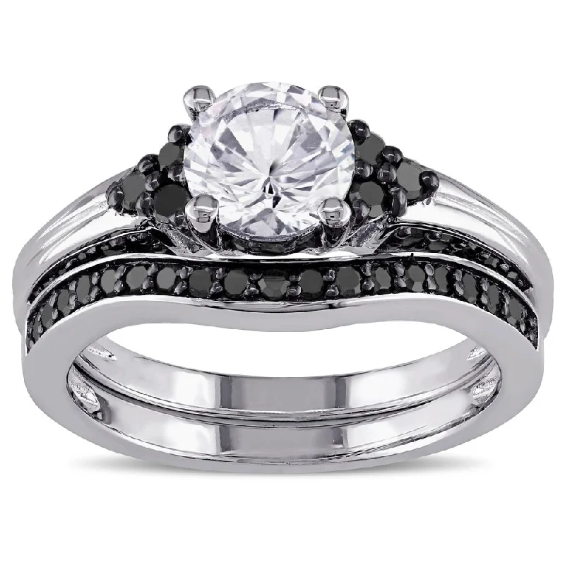 wedding bands for women -Miadora Sterling Silver Created White Sapphire and 3/5ct TDW Black Diamond Bridal Ring Set