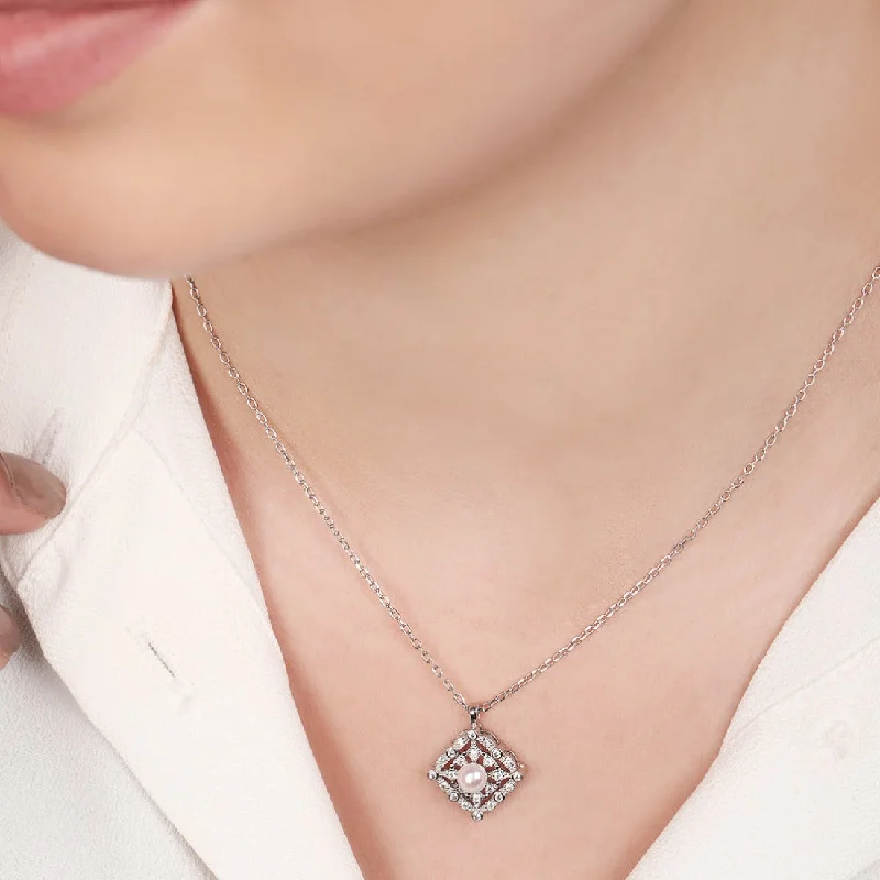 thick chain necklaces for women -Square Elegance CZ Harmony Rhodium-Plated 925 Sterling Silver Necklace