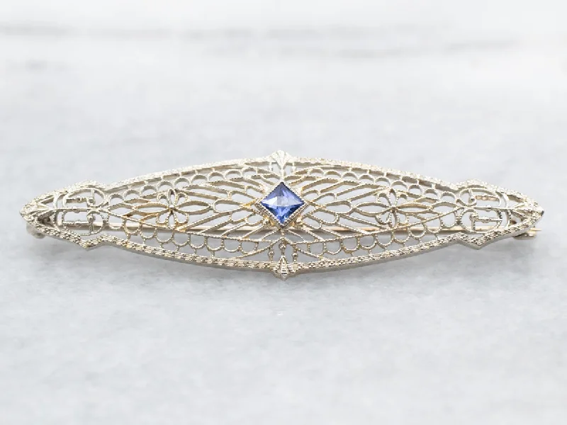 simple brooches for women -White Gold Art Deco Synthetic Sapphire Filigree Brooch